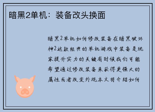 暗黑2单机：装备改头换面